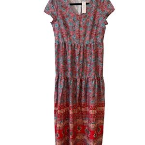 Vibrant Floral Midi Dress in Pink/Red and Blue